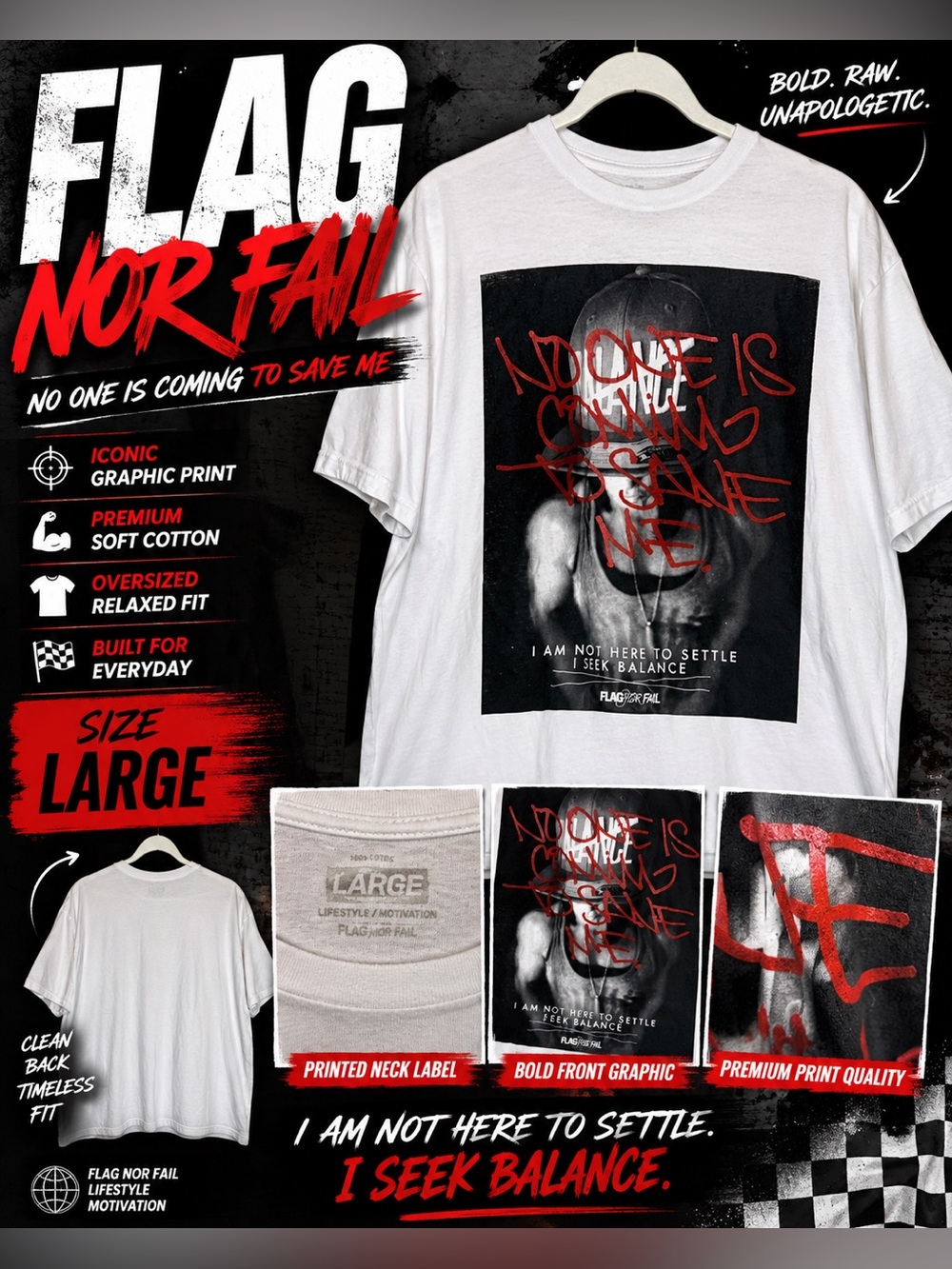Flag Nor Fail “No One Is Coming to Save Me” Graphic Tee Size XLarge Streetwear